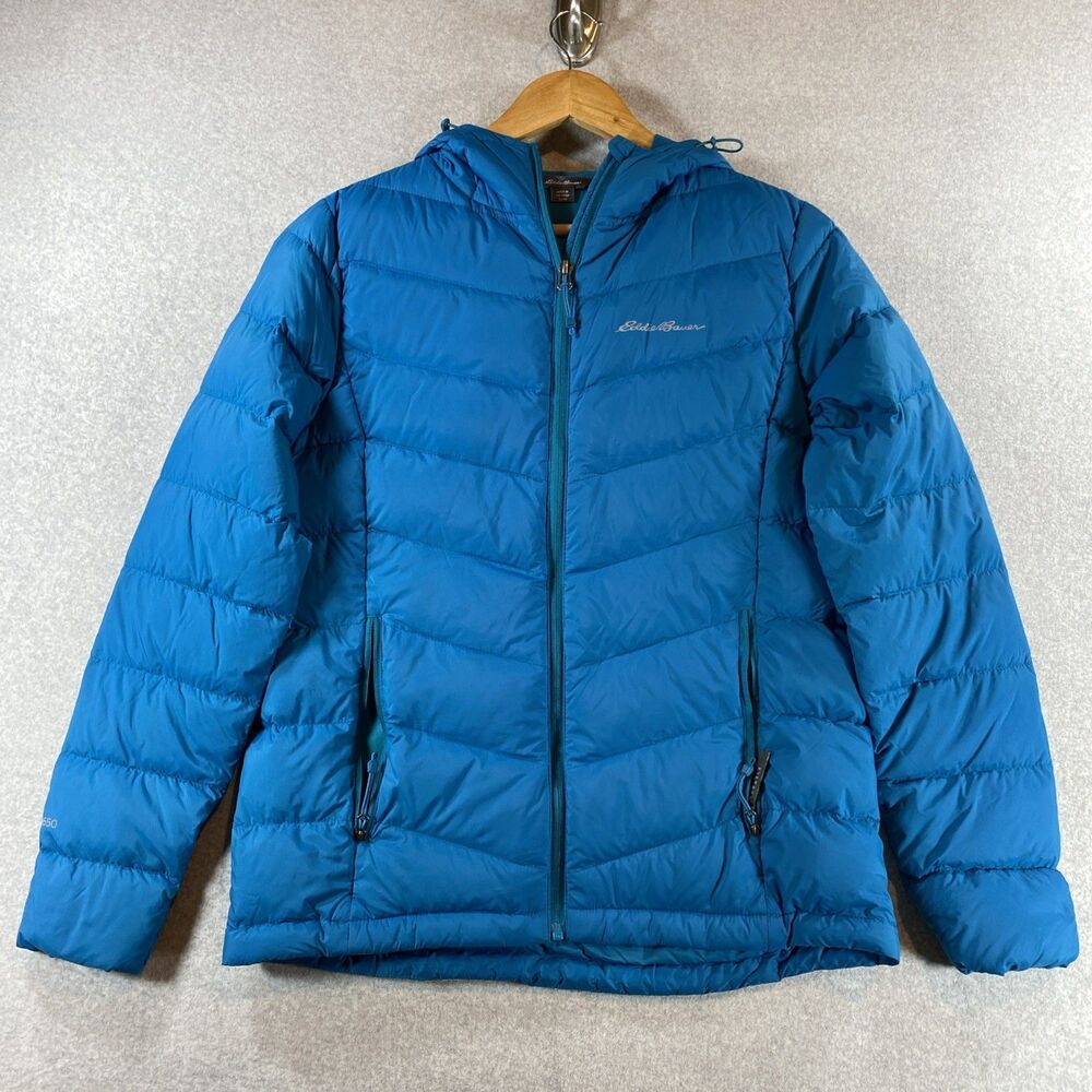 Eddie Bauer Women's Sz S Down Puffer Hooded Jacket Packable EB 650 Blue Gorpcore